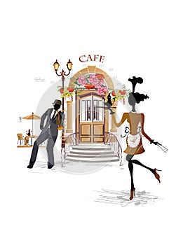 Series of the street cafes with fashion people, men and women, in the old city, vector illustration. photo